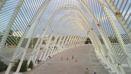 Aerial Footage inside Steel Archway at Olympic Stadium in Athens, Greece