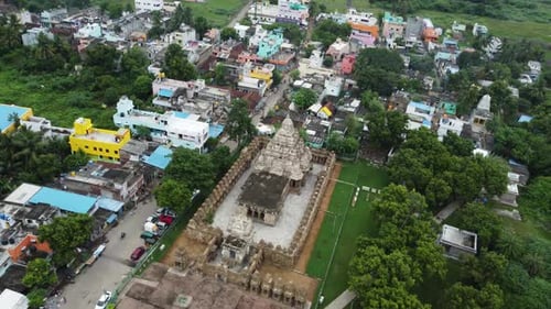 Fly towards Kailasanathar Temple, Kanchipuram, Tamil Nadu. Aerial view of Kailasanathar Temple and s