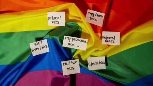 Stop Motion de MEUS PRONOMES SÃO Neo Pronomes Conceito Bandeira de arco-íris com notas de papel Texto Gênero