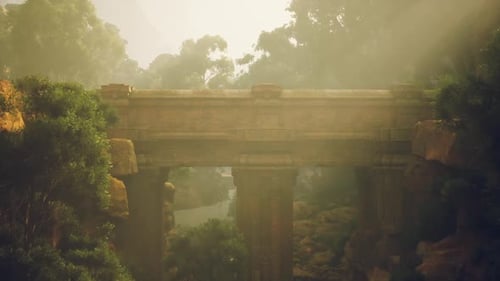 Ancient Stone Bridge Spanning a Tranquil River in a Lush Forest