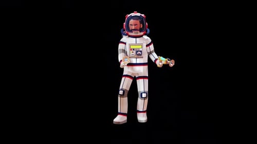 3D astronaut in a spacesuit with two blasters looks around, preparing to defend against an attack.