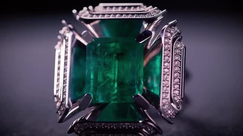 Anillo de esmeralda que gira sobre una superficie reflectante oscura