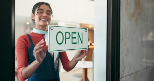 Waitress, woman and open sign by cafe door for start of day, welcome and message to public