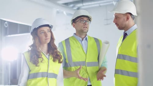 Team of Engineers in Hard Hats Having Conversation inside Building Under Construction.