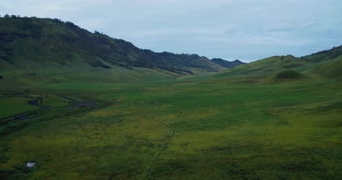 Drone Aerial View of Green Hills in Bromo with Natural Tropical Environment