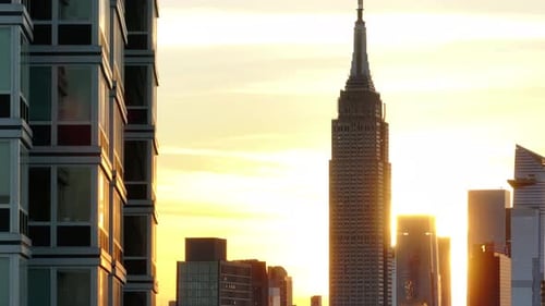 Aerial view of the sunset behind The Empire State Building