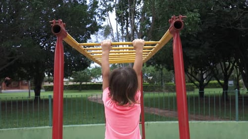 Four year old girl playing in the jungle gym hanging from the bars showing great skill and ability