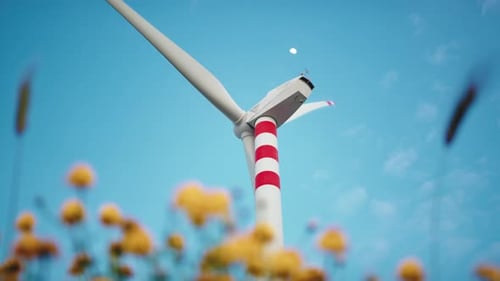 Clean Energy Concept with Wind Turbine Generator Over Flowers