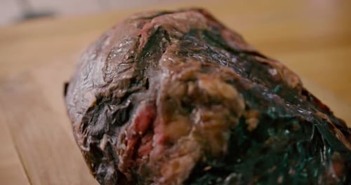 Close up view of raw beef steak on the table.