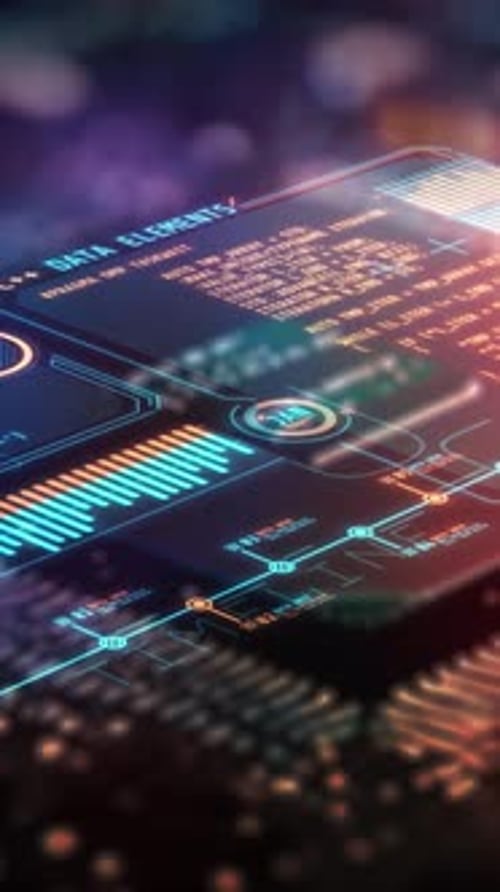 Processador com inteligência artificial e closeup de infográficos animados