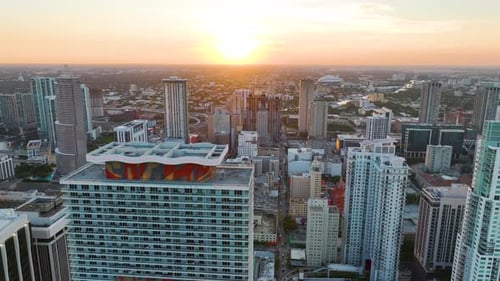 Skyline with High Skyscraper Buildings in Modern American Megapolis Evening Urban Landscape of