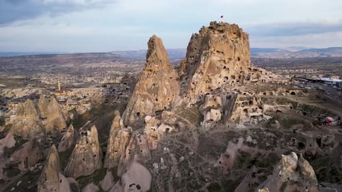 Aerial drone view of the Uchisar Castle in Cappadocia, Turkey