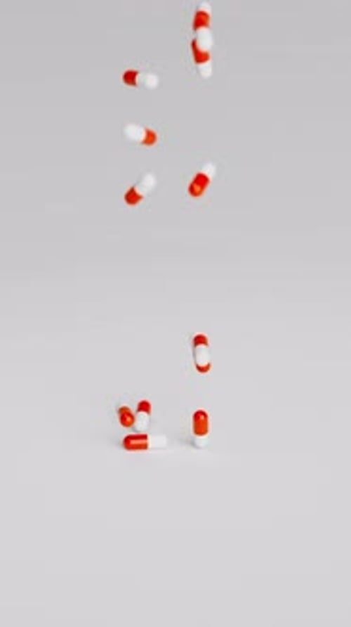 White and Red Pills Falling on Light Background in Slow Motion Drugs Pills Tablets Medicine Concept