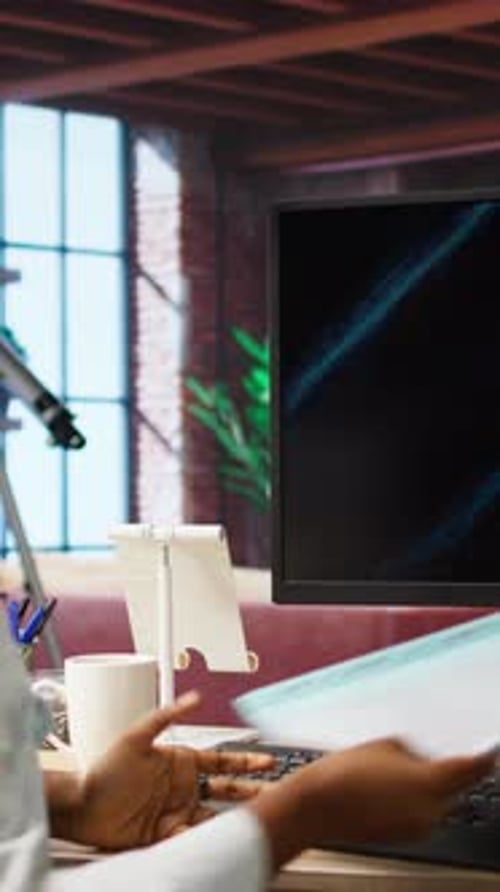 Vertical Video Woman Listening and Watching Business Conference on Computer Screen