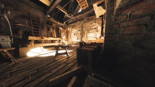 Woodworking Workshop Filled with Sunlight and Tools in an Old Building