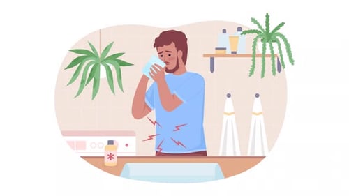 Animated Man Taking Medication for Stomach Pain in Flat Design
