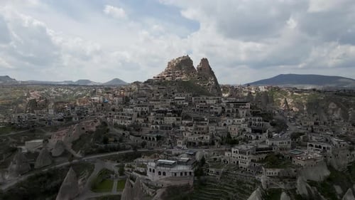 Aerial view of Uchisar Castle in Uchisar old town, Cappadocia, Turkey.