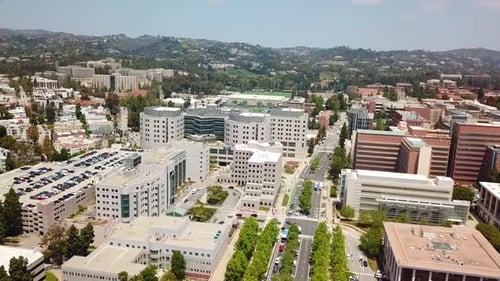 Aerial Shot of Westwood and UCLA in Los Angeles, California with Beverly Hills in the Background Dur