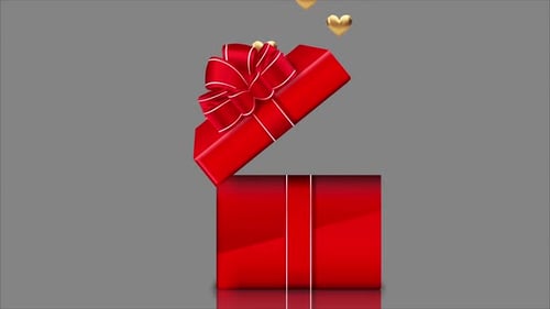 Animated Red Gift Box Opening and Closing with Golden Hearts