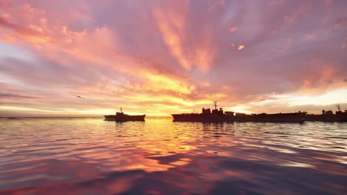 Naval Fleet with Warship and Bomber Aircraft at Sunset