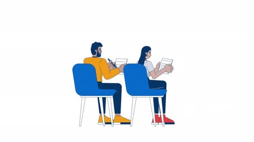 Sitting chairs diverse lecture listeners writing notes 2D characters animation