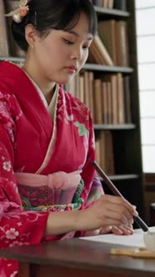 Japanerin, Papier und Kalligrafie mit Pinsel für kreative Kunst und japanisches künstlerisches Schreiben