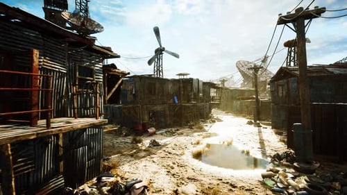 Urban Decay Scene Ruined Shanty Town with Weathered Signs and Debris