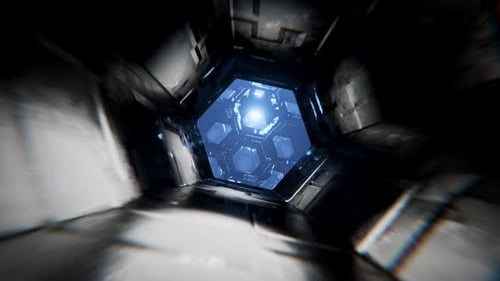 Mouvement de caméra fluide à travers des structures de bâtiment abstraites en néon. Vol spatial. Boucle VJ.