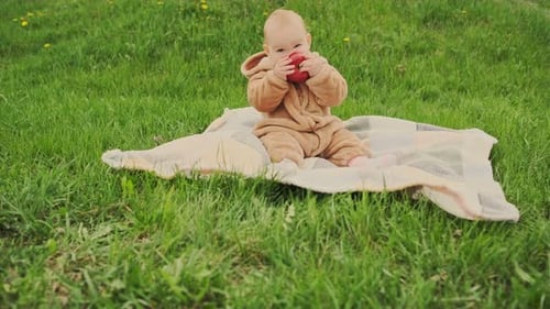 Cute Baby Girl Sitting on Plaid and Eating Apple on the Green Lawn