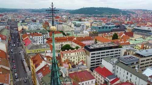 view of church steeple in downtown Prague, Czech Republic