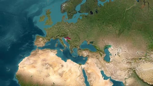 Animated World Map Zoom to Croatia with Waving Flag