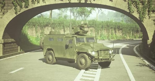 Animated 3D Military Armored Vehicle Driving on a Road