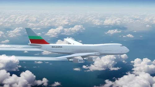 Commercial Airliner Passanger Plane Jumbo Jet Flying Over Clouds With Country Flag Bulgaria