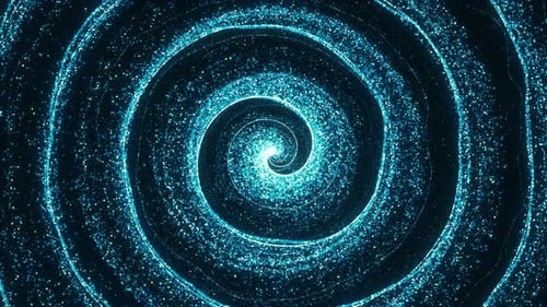 Vortex bleu brillant en spirale avec des particules flottantes sur fond noir