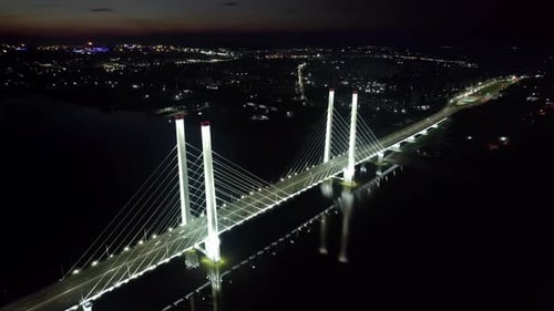 Night Urban Illuminated Bridge Street Avenue Crossing River Sea Traffic Transportation Aerial View