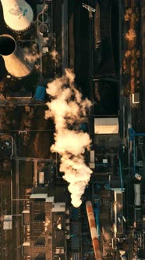 Aerial view of industrial complex with smokestacks expelling steam