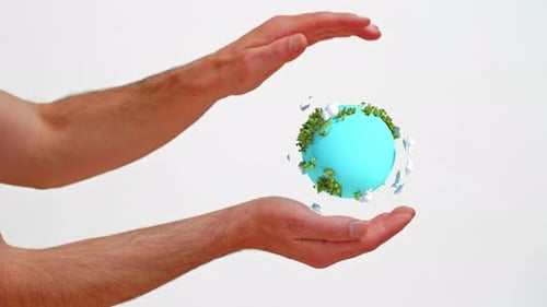 Cartoon Earth Rotating Above Outstretched Hand