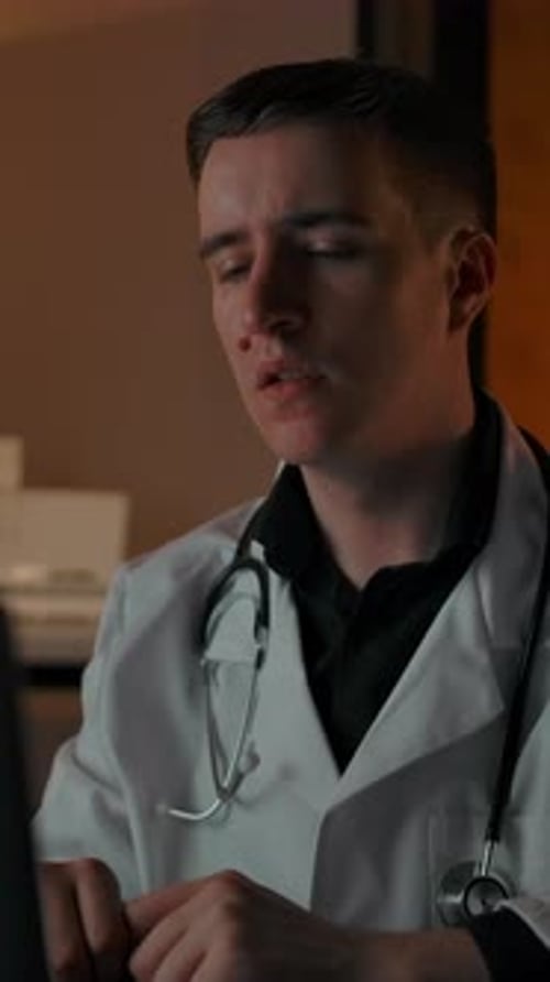 Young Doctor Works at Laptop Computer