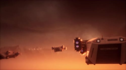 Futuristische Science-Fiction-Raumschiffe kommen auf dem Planeten Mars an und fliegen unter dicken Wolken