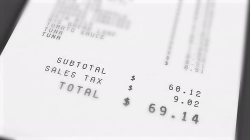 Animation of total costs on grocery receipt constantly growing. Extreme close up. Totals in United S