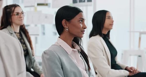 Business people, meeting and listening to presentation at conference, seminar or speaker at office