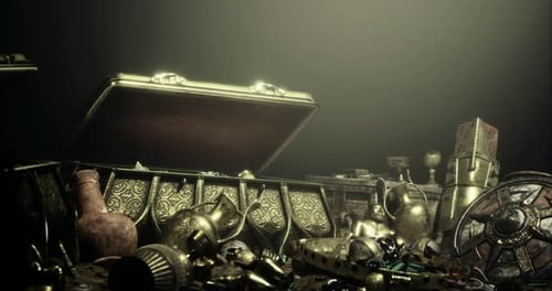 Ornate Treasure Chest Opening with Golden Artifacts