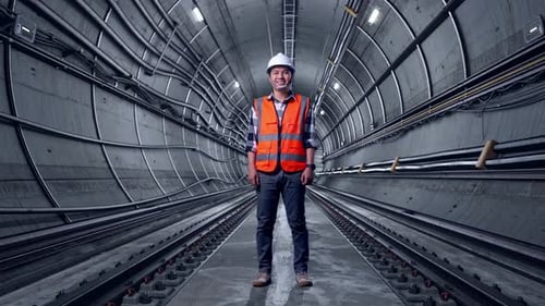 Full Body Of Asian Male Engineer Smiling To Camera In Subway Tunnel