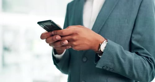 Person, phone and hands typing for social media, communication or online chatting at office