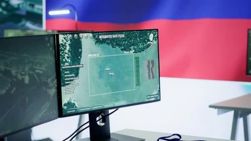 Modern Army Control Center Monitoring Activity on Surveillance Systems