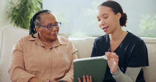 Tablet, senior woman and caregiver in home for healthcare consultation, insurance or homecare