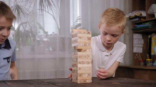 Two Cheerful Little Boys are Playing a Board Game with Wooden Blocks at Home