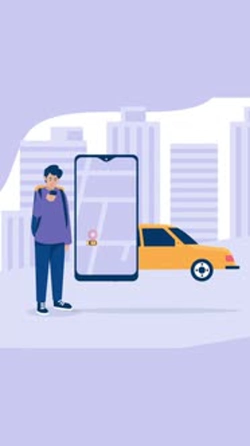 Hands With Smartphone And Taxi Application, City Silhouette With Skyscrapers And Tower On Vertical