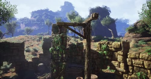 Ancient Ruins Surrounded By Lush Greenery and Rocky Hills During Daytime