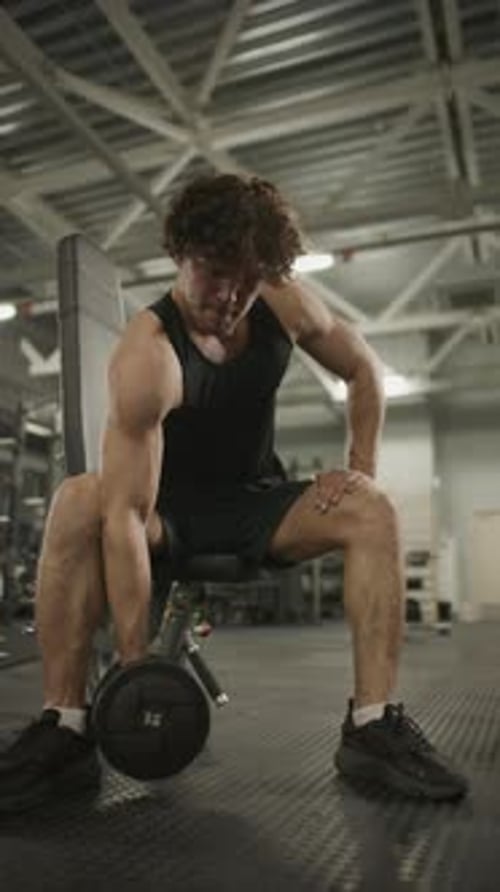 Muscular Man Performing Seated Bicep Curls with Dumbbell in Gym